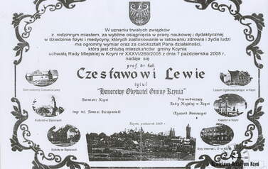 Dyplom "Honorowego Obywatela gminy Kcynia"  
