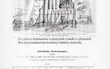 Budowa kościoła ewangelickiego - grafika wykonana przez ucznia Seminarium Nauczycielskiego. Nadesłał Roman Tadych 