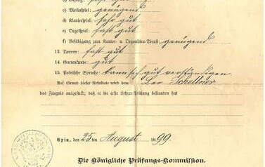 Świadectwo ukończenia drugiego roku nauki przez Leo Schellnera, 25.08.1899. Z archiwum Michała Poczobutta