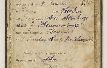 Świadectwo ukończenia nauki przez ucznia stolarskiego Bolesława Dykiera z 1911 r. Z archiwum rodziny Dykier i Kosznik