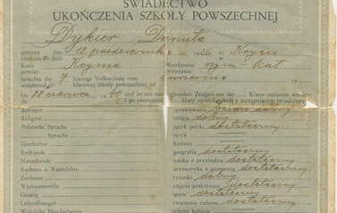 Świadectwo ukończenia szkoły powszechnej z 1940 r. (Generalna Gubernia). Z archiwum rodziny Dykier i Kosznik 