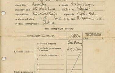 Wykaz postęp&oacute;w (str.1)- Publiczna Szkoła Dokształcająca Zawodowa,1937 r. Z archiwum rodziny Dykier i Kosznik 