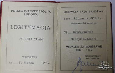 Legitymacja - odznaczenie Henryka Kozłowskiego medalem za Warszawę, 1973  r.