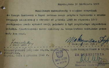 Zaświadczenie wystawione po wojnie Henrykowi Kozłowskiemu
