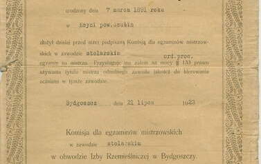 Świadectwo na mistrza Bolesława Dykiera, 1923 r. Z archiwum rodziny Dykier i Kosznik 