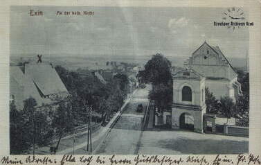 Kcyńska Fara - widok z g&oacute;ry, także na ul. Dworcową. Awers. 1917 r. Z kolekcji Zbigniewa Prusaka