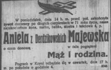 1918 r. Nekrolog Anieli Majewskiej. Z archiwum rodziny Majewskich 