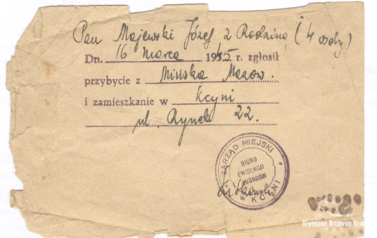Dokument powrotu z wysiedlenia, marzec 1945 r. Z archiwum rodziny Majewskich