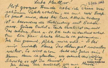 Karta pocztowa z Oranienburga, str. 2, 5.09.1943 r. Z archiwum Wojciecha Niedźwiedzińskiego