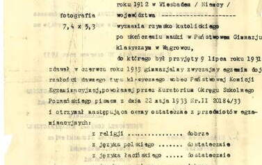 Świadectwo dojrzałości (odpis), str. 1. Z archiwum Wojciecha Niedźwiedzińskiego