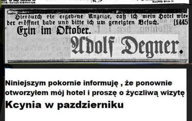 Reklamy prasowe Adolfa Degnera z berlińskiej prasy z 1869 r. Degner był właścicielem Hotelu de Rome w Kcyni. Nadesłał Tomasz Kmiotek 