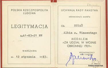 Legitymacja - medal za udział w wojnie obronnej 1939 r. Z archiwum Władysława Rudaś