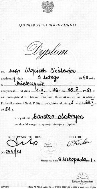 Dyplom ukończenia Dziennego Studium Dziennikarstwa na UW. Z archiwum Pawła Cieślewicza