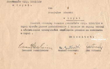 Komitet Odbudowy Pomnika - podziękowanie dla Stanisława Adamskiego. Z archiwum Bogny Adamskiej 