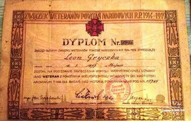  Dyplom Leona Gryczki. Z archiwum Olgi Świtlickiej (c&oacute;rki Marii z d. Gryczka)
