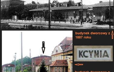 Ulica Dworcowa w Kcyni. 138 lat temu wybudowano pierwszy dworzec. Następny budynek dworcowy, kt&oacute;ry wybudowano w miejscu starego, liczy sobie 112 lat. Czarną strzałką zaznaczyłem budynek mieszkalny, kt&oacute;ry przetrwał wichry historii i stoi do dzisiaj. Oprac.