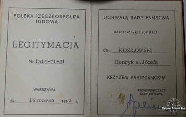 Legitymacja - odznaczenie Henryka Kozłowskiego Krzyżem Powstańczym. 