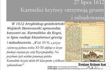 Fundacja zakonu Karmelit&oacute;w w Kcyni. Kcyńskie kalendarium. 
