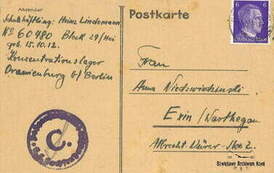 Karta pocztowa z Oranienburga, str. 1, 5.09.1943 r. Z archiwum Wojciecha Niedźwiedzińskiego