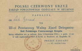 Zaproszenie PCK Z 1958 r. Z archiwum Ewy Niespodzianej